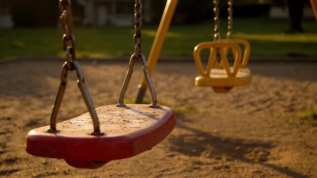 Empty playground swings invite imaginary adventures a red swing sits beside a yellow throne like swing a gentle breeze stirs possibility