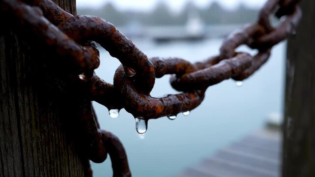 Close up view of a rusty metal chain dripping water The background shows a blurred harbor with a sailboat Moody atmospheric scene