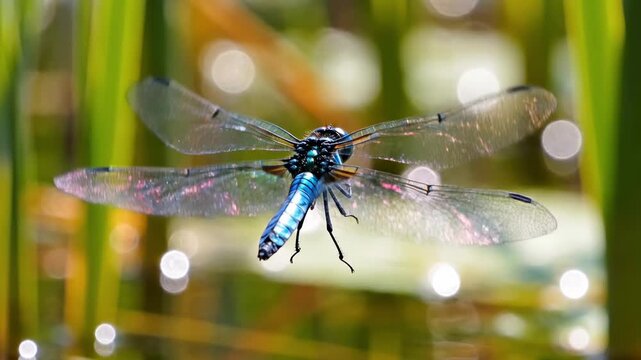 Blue dragonfly in flight over serene water surface.