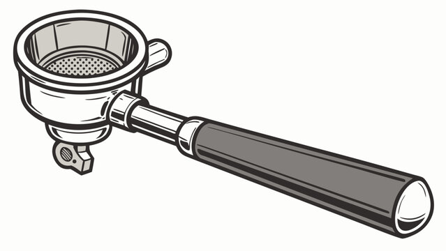 A vector graphic illustration of a portafilter, a coffee brewing device used in espresso machines.