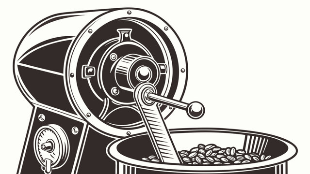 A black and white vector illustration of a vintage coffee grinder with a bowl of coffee beans