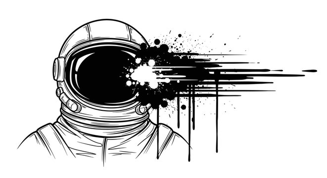 Detailed black and white line art illustration of an astronaut's helmet with a dynamic ink splatter effect emanating from the visor.