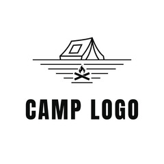 Camp Logo Design - Modern Tent and Campfire Outline Outdoor Icon