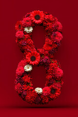 Fototapeta premium A vibrant floral display forms the number eight, celebrating Women's Day with red blooms Generative AI