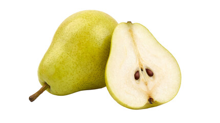 Delicious fresh green whole pear and sliced pear half with visible seeds, transparent background