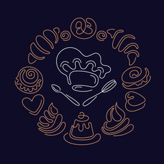 Bakery food emblem with hand drawn one line cake