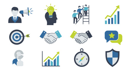 Business and Strategy Icon Set: Teamwork Communication Growth and Success.