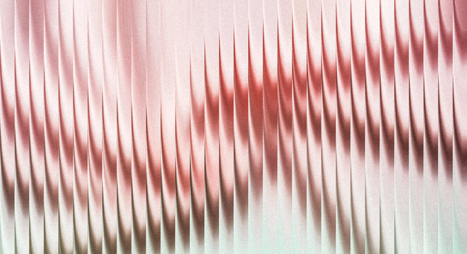 Abstract background texture of vertical corrugated paper folds with subtle pink and white gradient lighting, creating a dynamic, rhythmic pattern of sharp shadows and light