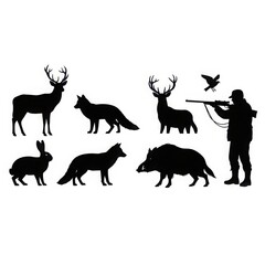Fototapeta premium Silhouettes of hunters and wildlife in a forest setting with a bird flying overhead