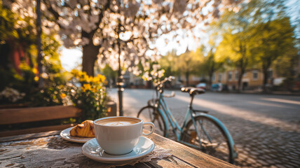 Enjoying coffee while admiring blooming trees and flowers in the warm afternoon light Generative AI