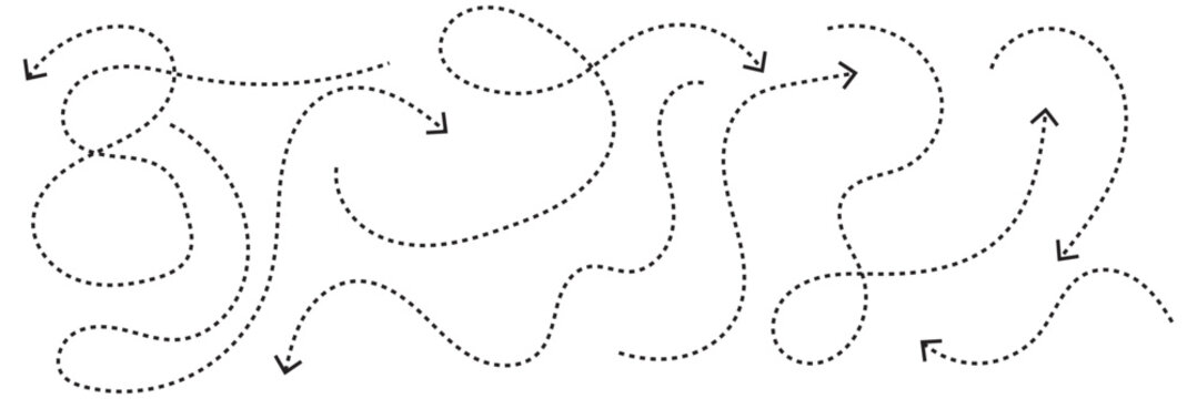 Abstract dotted arrow paths direction . Minimal abstract  of dotted arrows showing movement, direction, and flow, useful for navigation concepts, process visualization, and design backgrounds.