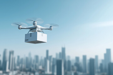 A drone glides over the city, delivering a sleek white package under a clear blue sky Generative AI