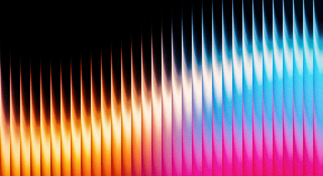 Abstract background of sharp vertical fins or spikes with a vibrant gradient color transition from warm orangeyellow to cool blue and magenta, creating a dynamic, textured visual effect