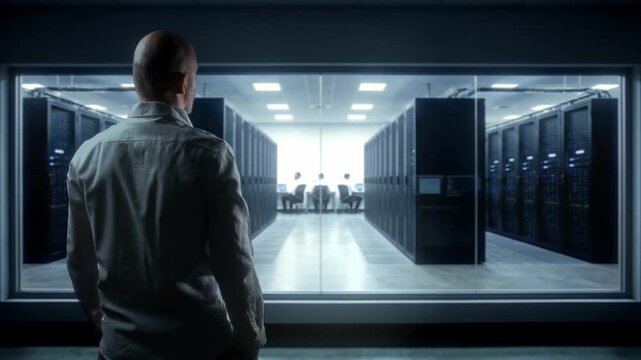 Hightech Server Room Under Blue Lighting, Personnel Oversee Racks In Modern Secure Facility Environment