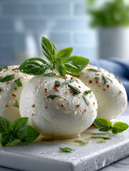 Fresh mozzarella balls with basil and herbs on marble