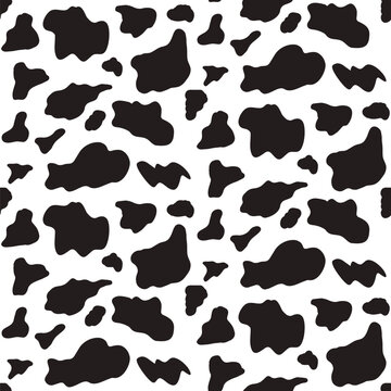 Seamless pattern with varied cowhide blobs. Uneven black patches and mini amoeba shapes background. Simple holstein animal print. Monochrome amoeba spotty dash. Vector cow pattern illustration.