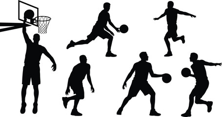 Silhouettes of six basketball players in dynamic action poses, dribbling, dunking, shooting, passing, symbolizing athleticism, teamwork, energy, competition, and sport © Md