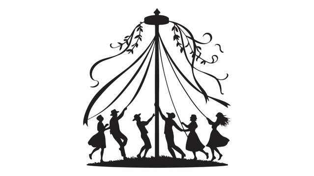 People dance around a maypole with ribbons on a sunny day.