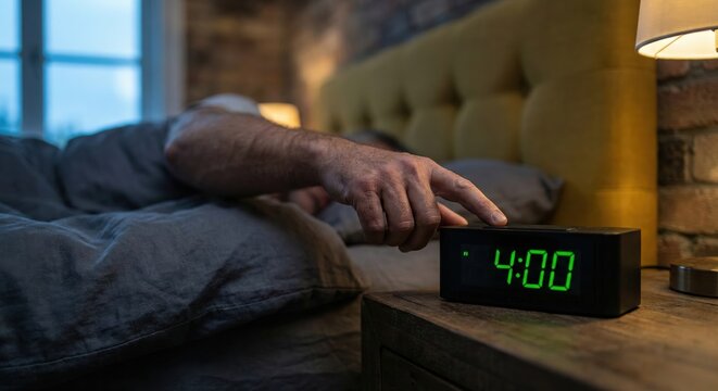 Tired Adult Man Reaching to Snooze a Green Digital Alarm Clock at 4:00 AM in a Dark Bedroom, Early Morning Routine and Sleep Deprivation Concept, Caucasian Male Indoors