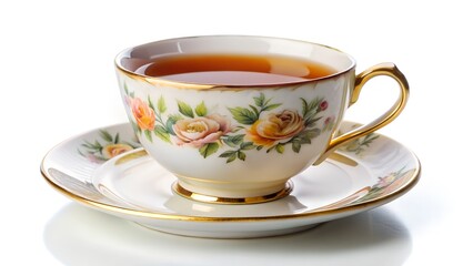 Fototapeta premium Delicate floral tea cup and saucer with golden trim