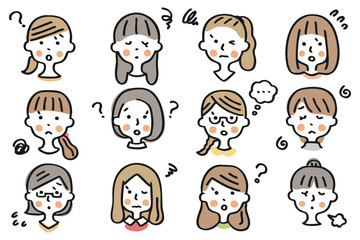女性の顔のアイコンセット①困った表情