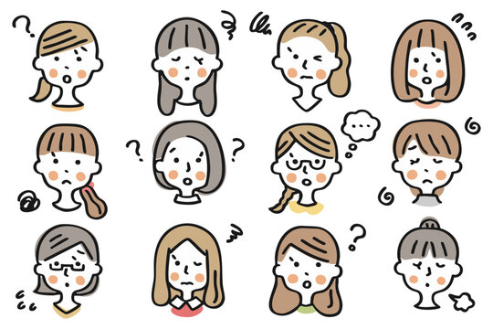 女性の顔のアイコンセット①困った表情