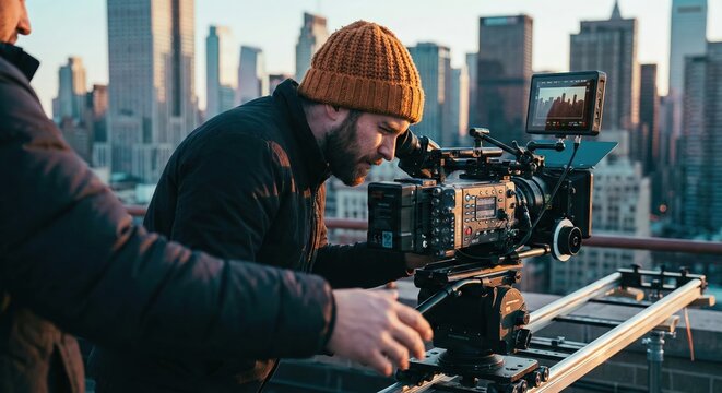 Professional adult male cinematographer wearing an orange beanie operating a cinema camera on a dolly track during sunset on a metropolitan rooftop, urban filmmaking and media production concept
