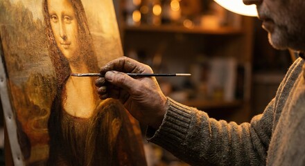 Close-up of a Caucasian adult man artist painting a replica of the Mona Lisa on canvas in a dimly lit art studio at night, focusing on the hand, brushwork, and creative process concept.