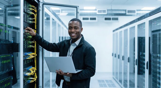 Confident Black Male IT Engineer Using Laptop Near Server Rack in Modern Data Center, Professional African American Technician Working in High-Tech Infrastructure, Digital Technology Concept
