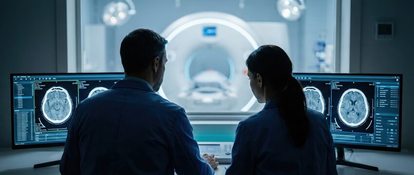 Two professional White medical doctors monitoring a brain CT scan in a dark radiology room, healthcare specialists analyzing digital neurology data on multiple screens in a modern hospital lab.
