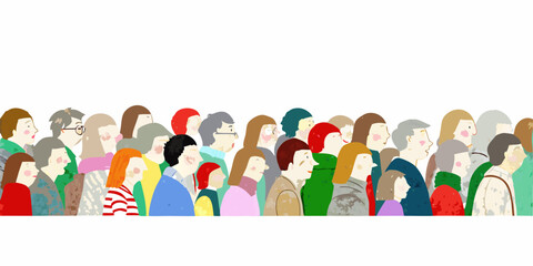 A diverse crowd of stylized figures stands together in a horizontal line © Lalin