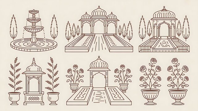 Traditional Mughal garden hand drawn icons set