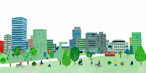 Stylized illustration of a city park with buildings and people © Bipul