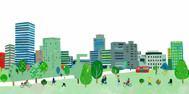 Stylized illustration of a city park with buildings and people