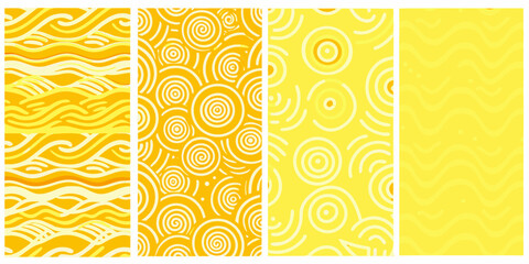 Four yellow patterned backgrounds with repeating abstract designs and textures