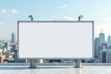 Obraz premium Blank wide white horizontal billboard mockup standing on a roof top of building against cityscape view against blue sky
