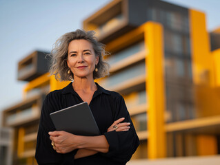 Confident middle-aged woman with stylish gray hair stands before modern architecture Generative AI