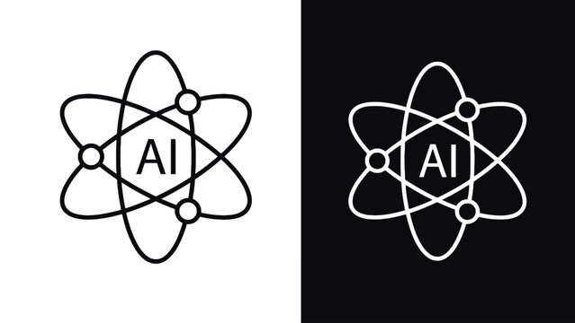 A stylized AI logo in the shape of an atom on white and black backgrounds