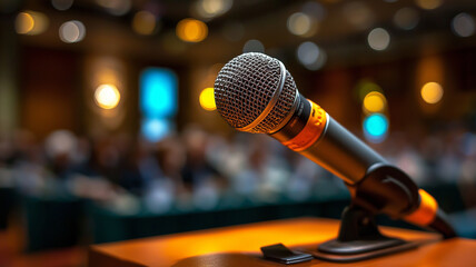 A microphone waits on a podium as the audience engages in thoughtful discussion Generative AI