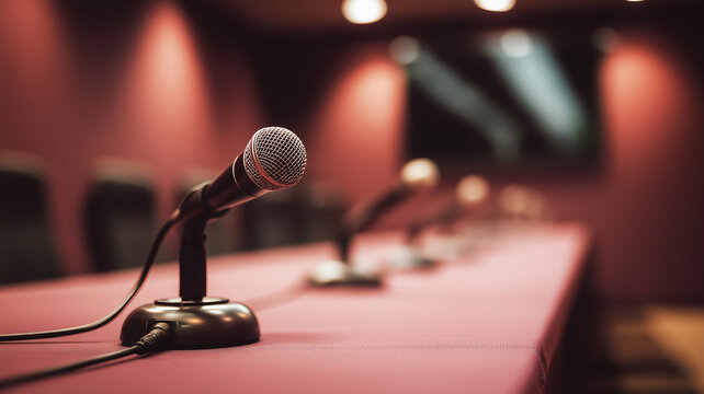 Several microphones line a sleek conference table, inviting speakers for a significant press event Generative AI