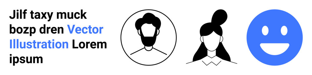 Fototapeta premium User profiles, emotions, communication, online identity, social media, app development. Two profile icons male and female, and a smiling face. User profiles and emotions concepts