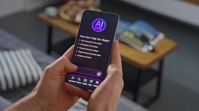 Person Uses Phone In Comfortable Living Space, Individual Taps Suggestions On Smartphone Amid Cozy Setting
