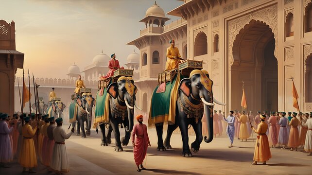 Royal Procession with Elephants near a Palace royalty india indian historical traditional culture heritage maharaja maharani howdah