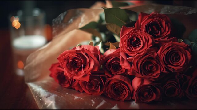 A bouquet of roses wrapped in paper on a table indoors