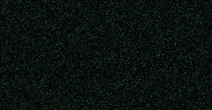 Shimmering dark emerald green glitter dust particles on black background texture.