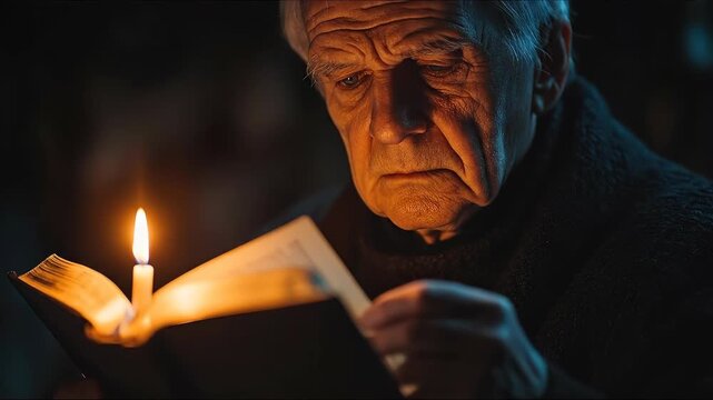 Elderly man devoutly reading sacred scripture by flickering candlelight, seeking divine wisdom and spiritual enlightenment in solemn contemplation.