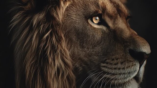 Close up of a lions face.