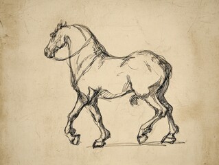 Pen and ink sketch of a horse walking with its head turned, on aged paper background