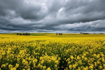 Obraz premium Golden canola blossoms under dramatic cloudy skies, shifting light casting patterns across the field