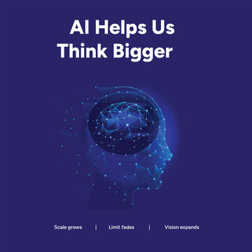 Human head silhouette filled with a glowing blue neural network, signifying AI helping us think bigger and expand our vision.